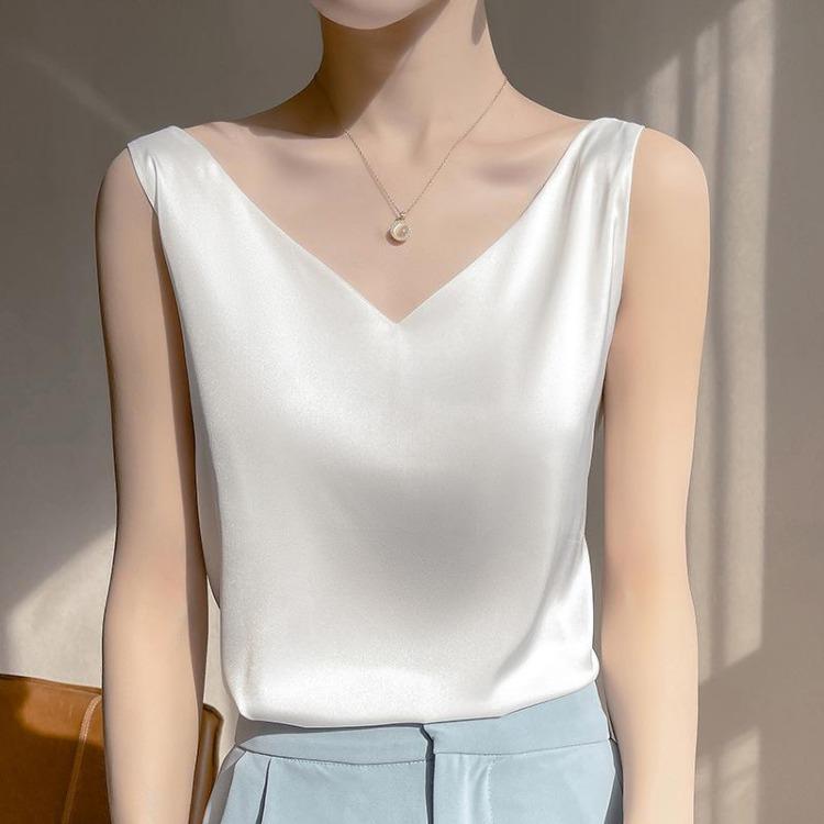 Acetic Acid Satin V Neck Suspender Vest Women Summer Fashionable Versatile Imitation Silk Sleeveless Inner Top New