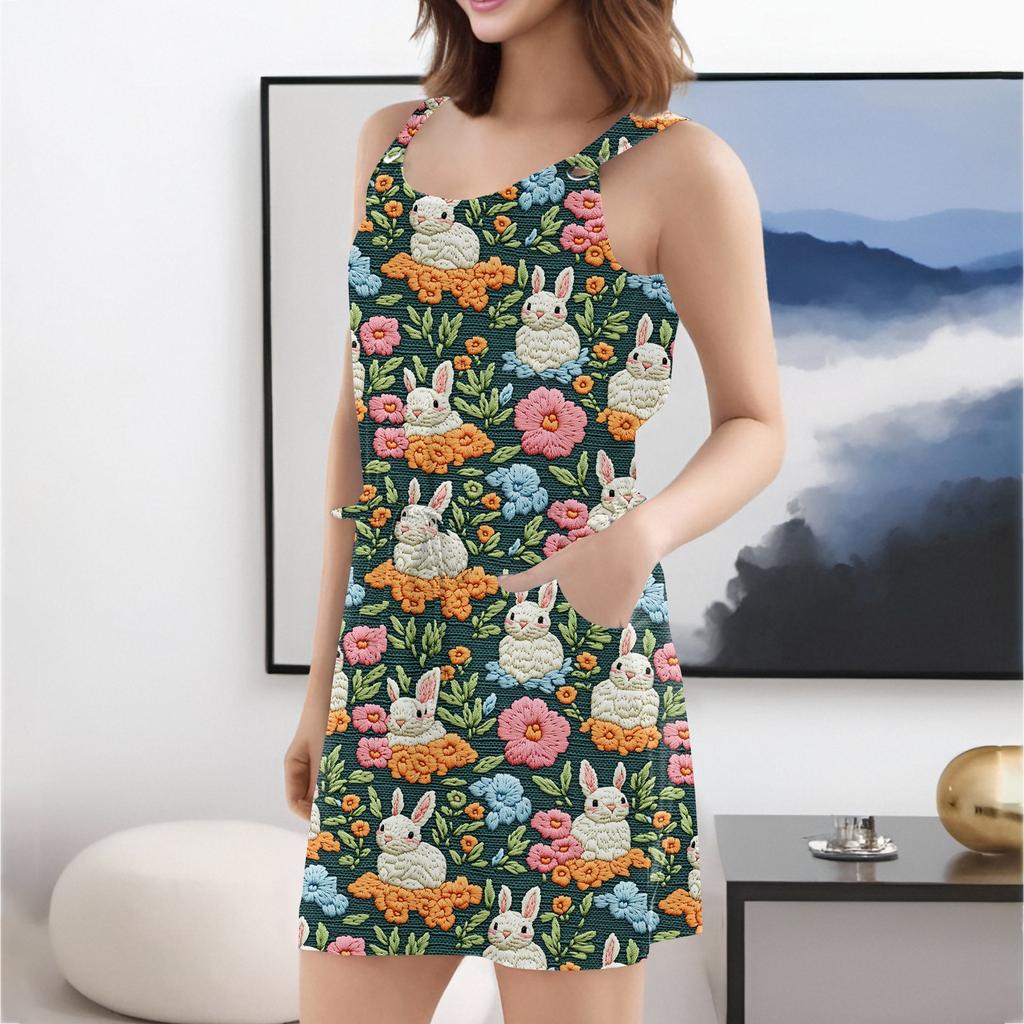 Women's Fashion Casual Easter Printed Sleeveless Drawstring Dress With Pockets