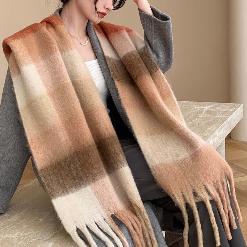 Winter New Scarf Women's Winter Thickened Warm Scarf Colored Plaid Fringed Scarf Shawl Fashionable Outer Cover