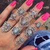 9Pcs/Set Retro Women Hollow Flower Faux Gemstone Knuckle Midi Stacking Rings Set