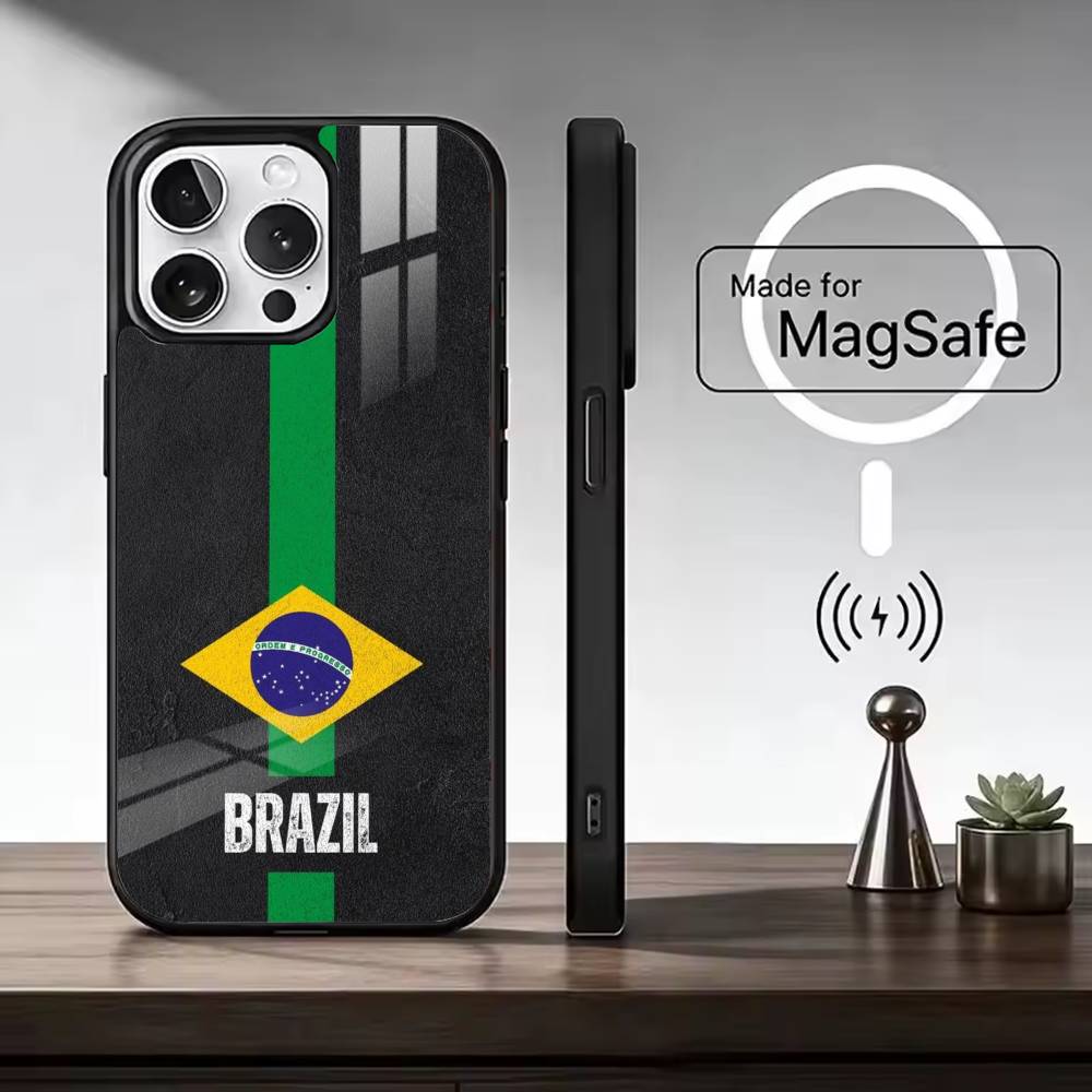 Бразилия F-Флаг Футбол Поддержка Для Чехла Телефона Magsafe для Серии iPhone 17 16 15 14 13 12 11 Беспроводная Зарядка