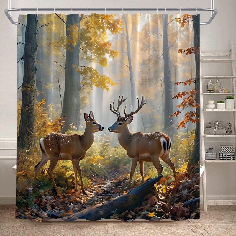 Autumn Forest Elk Shower Curtain Rustic Red Maple Trees Waterfall Wild Animals Fall Landscape Bath Curtains Home Bathroom Decor