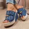 Fashion Women's Denim Platform Flip-Flops Summer New Round Toe Open Toe Metal Belt Buckle Slide-Proof Heels