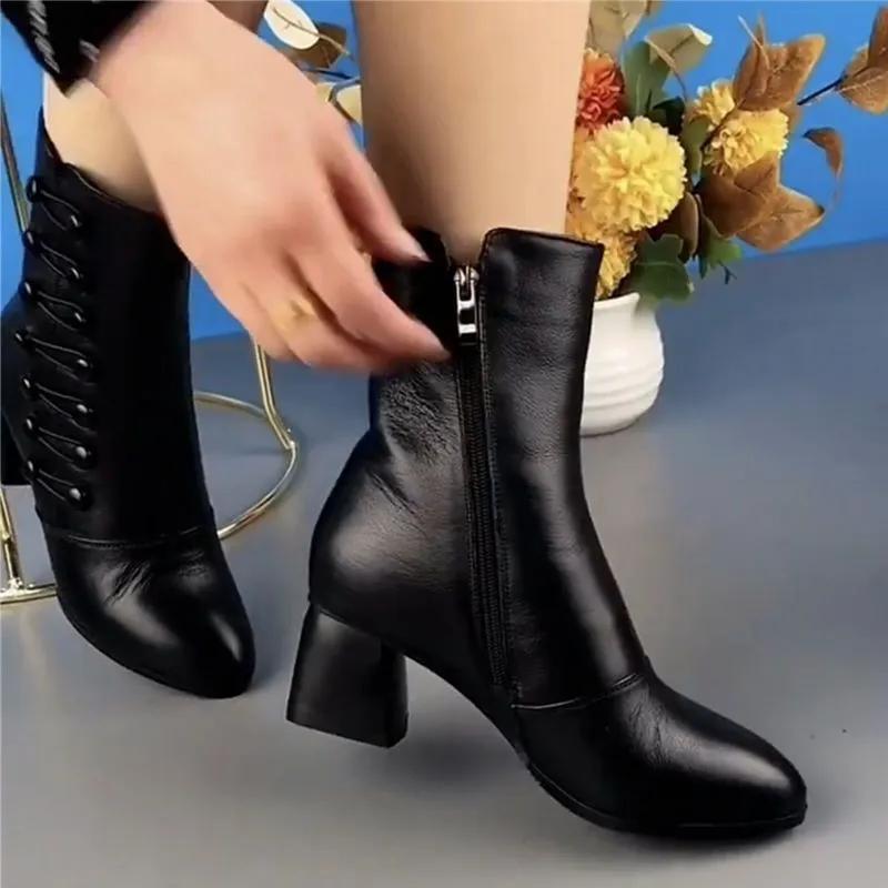Короткие сапоги из натуральной мягкой кожи, женские зимние туфли из хлопка на среднем каблуке и средней посадке, плюс бархат, теплые, модные, универсальные, женские сапоги, короткие сапоги