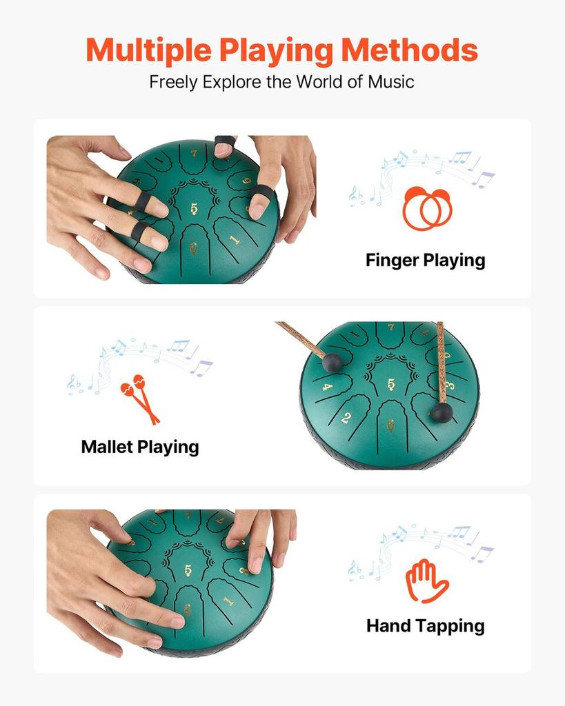 Steel Tongue Drum, 16.5cm 11 Notes Rain Drum for Outside Garden, D Major Musical Drums with Music Book & Mallets, Percussion Instrument for Meditation