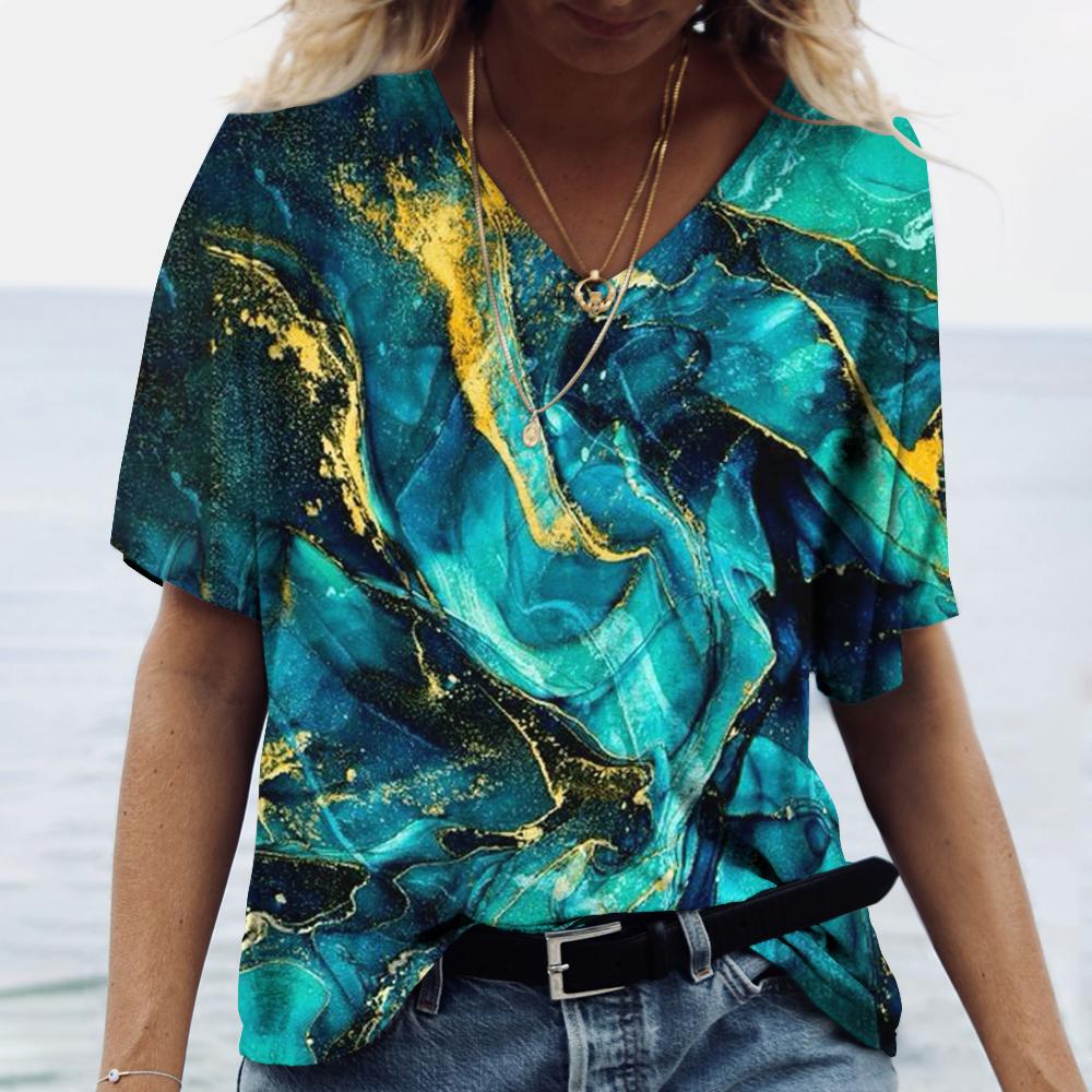 Летние женские футболки с 3D-принтом, градиентная футболка Harajuku, свободные футболки для женской одежды, новые топы с коротким рукавом и V-образным вырезом