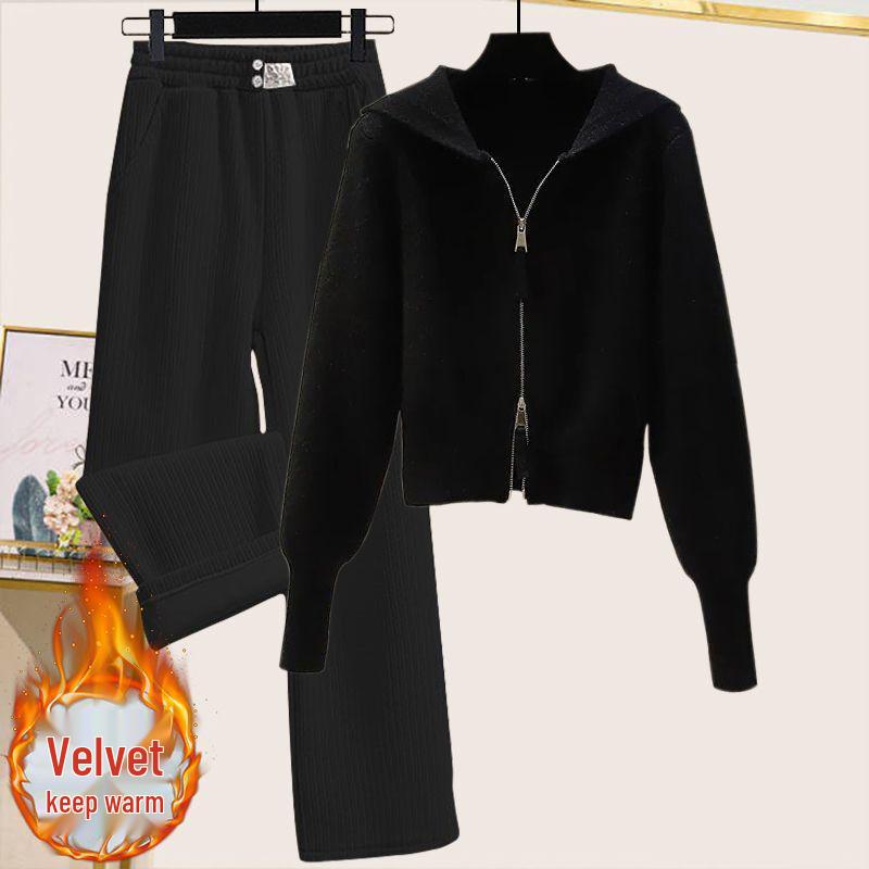 Сладкий осенне-зимний женский вязаный костюм с капюшоном на двойной молнии