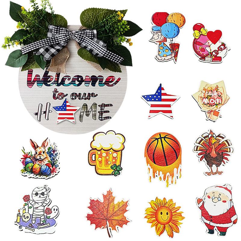 1 шт. декоративная табличка на дверь, подвесная табличка, деревянные венки, взаимозаменяемые с 12 круглыми магнитными значками для украшения входной двери