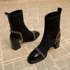 Autumn Women Knit Ankle Boots Fashion Slip On Slimming Short Booties Autumn Winter Thick Heel Shoes