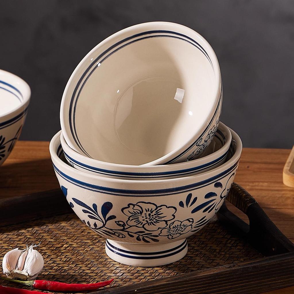 Retro Hand-Painted Blue & White Large Noodle Bowl - High-Footed Porcelain for Creative Dining