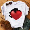 Женская футболка с красным сердцем и черным принтом кота, женская футболка с коротким рукавом, милые топы с героями мультфильмов, женская футболка с графическим рисунком, летние футболки