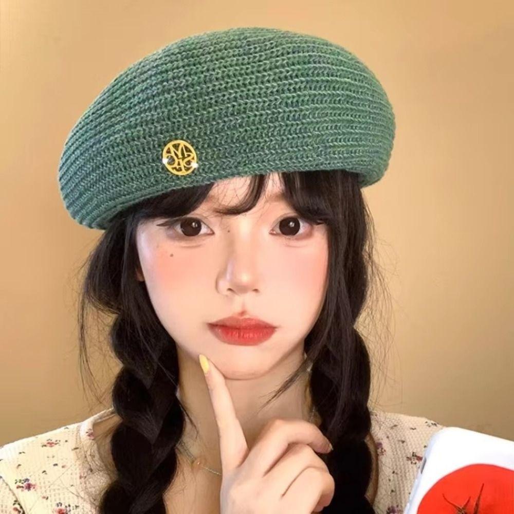 Thin Painter Berets Korean Beanie Cap Vintage Hollow Knitted Beret  Summer and Autumn