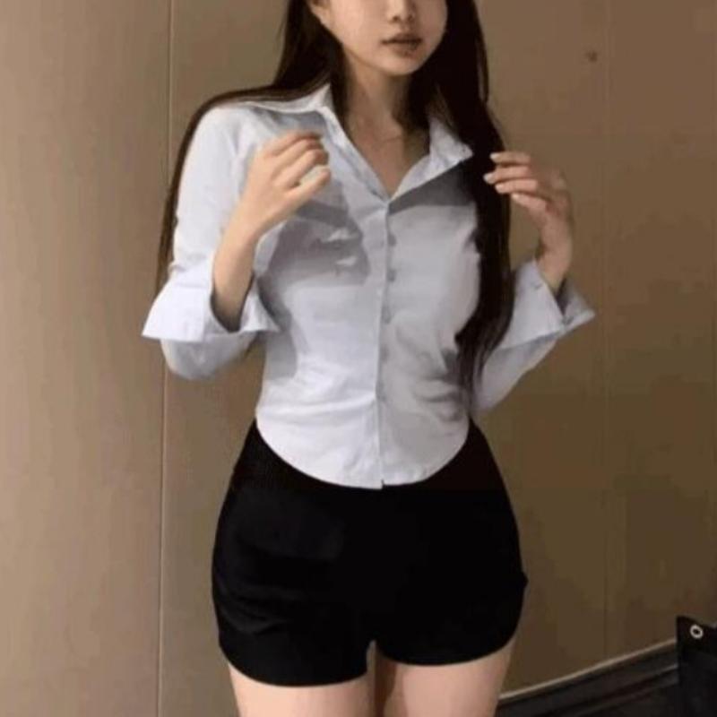 Тонкие рубашки с длинным рукавом, женские однотонные рубашки с короткой талией, пикантные универсальные топы на весну и осень с отложным воротником, женские шикарные Mujer