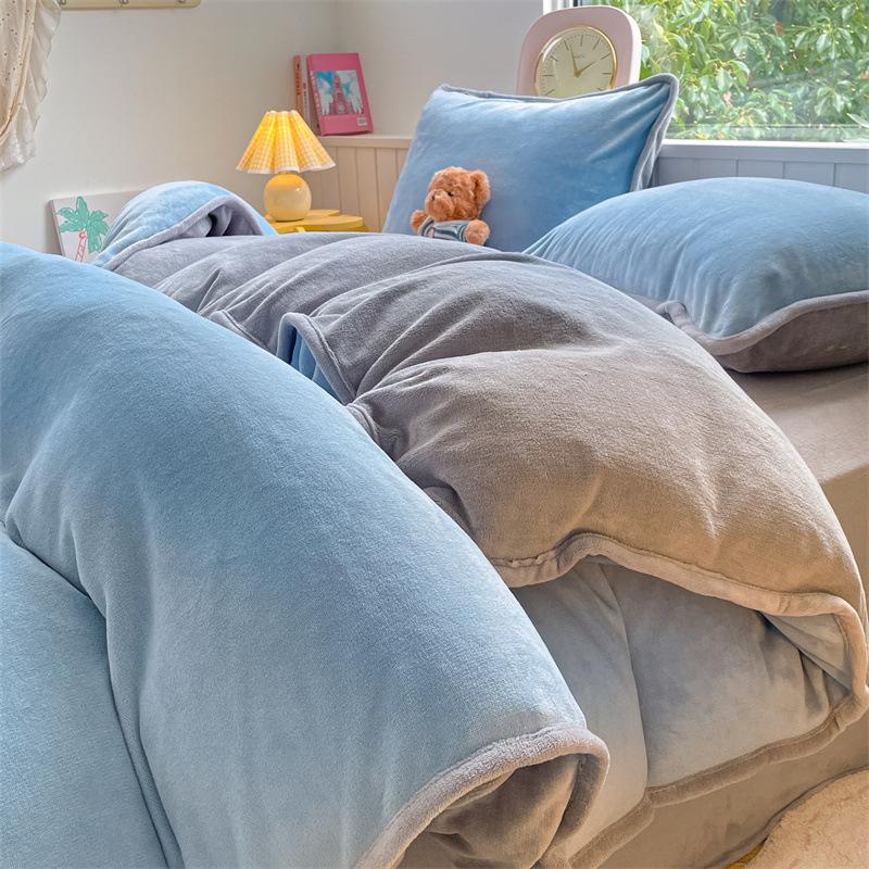 Thickened Milk Fleece Four-Piece Set, Solid Color Coral Fleece Bed Sheet Quilt Cover, Fleece Bedding Three-Piece Set