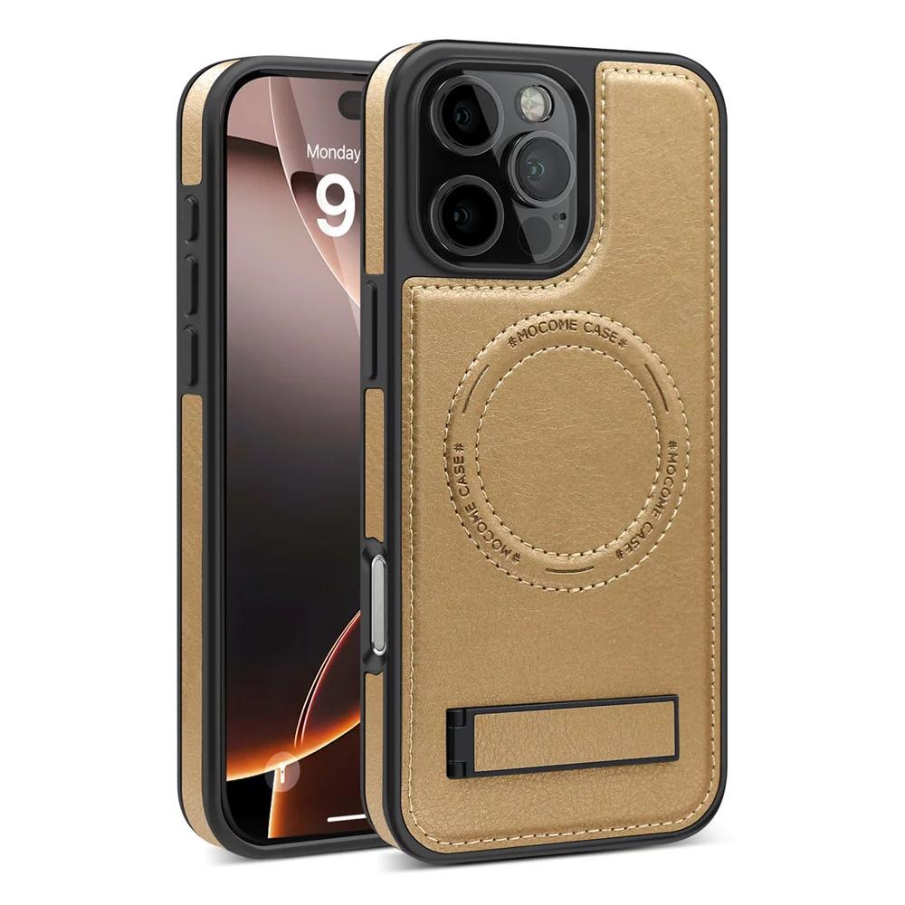 Модная кожаная чехол-подставка для телефона Magsafe для iPhone 16 Pro Max 15 14 13 12 11 С подставкой Сильный магнитный ударопрочный чехол