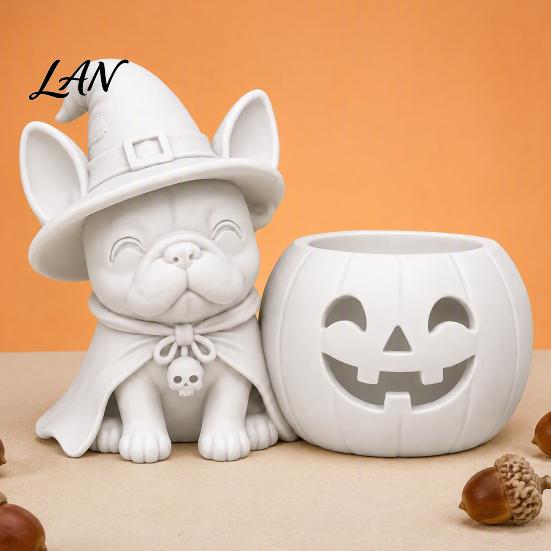 Decorative Witch Dog Figurine Halloween French Bulldog Statue, 3D Printed Pumpkin Candle Holder, Statue Holder Cute Tabletop Decor for Holiday
