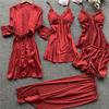 Pajamas Five Piece Set Sexy Lace Trim Nightgown Nightwear Spring Summer Women Bath Robe Loose Silk Satin Home Wear Pijamas Suit