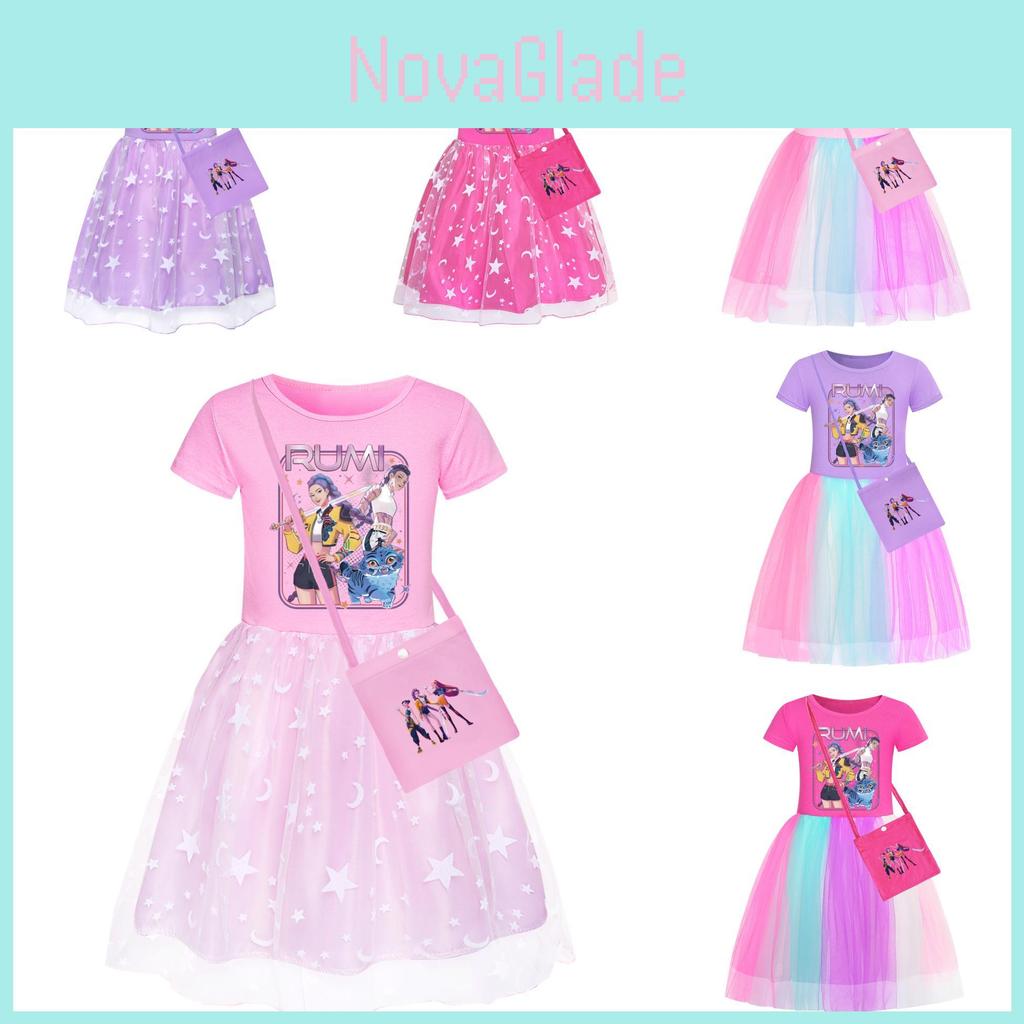 Kpop Demon Hunters Pattern Girl Dress With Cotton Fabric And Pleated Skirt For Kids Girls