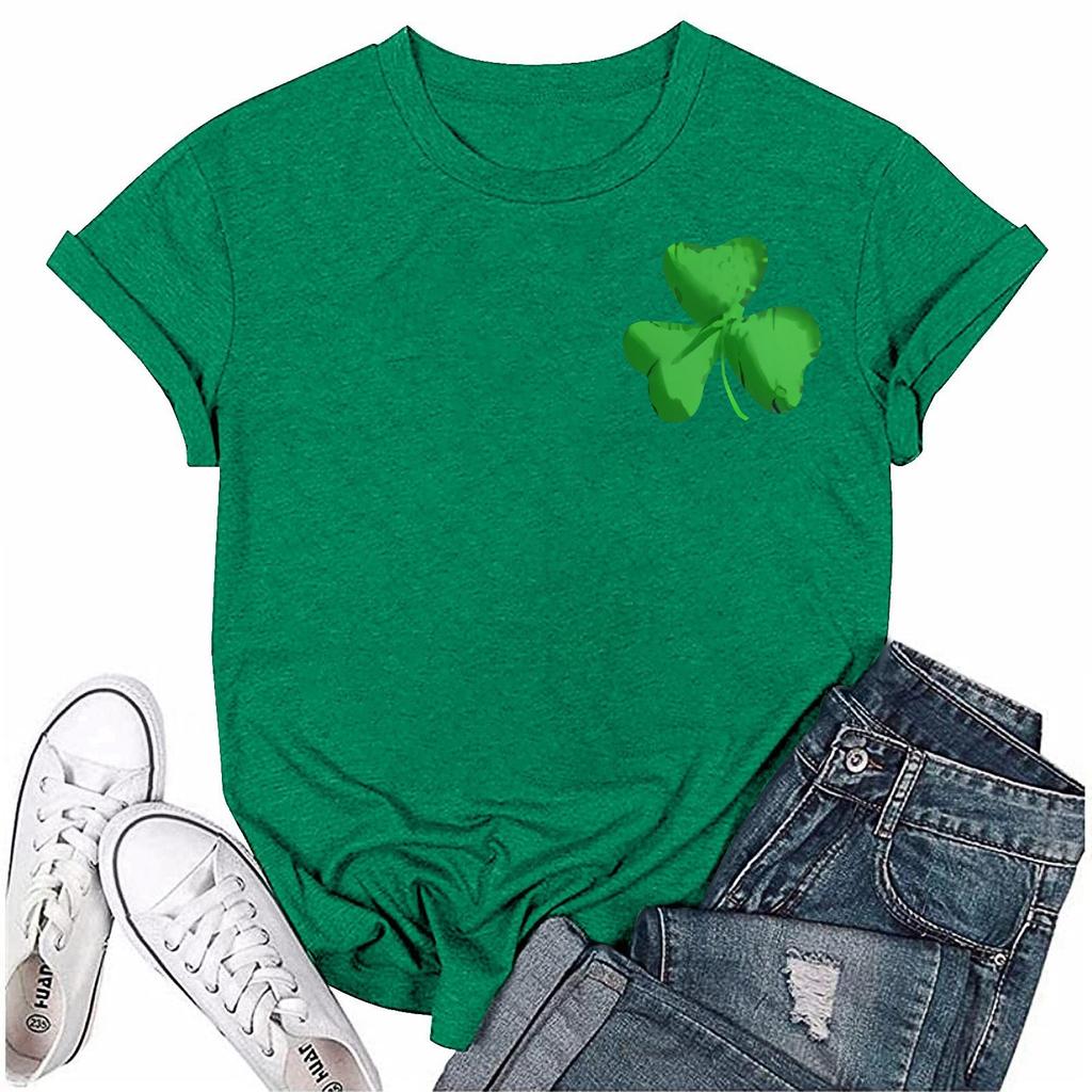 St. Patrick's Adult Green Crew-neck Short-sleeved Printed Green Three-leaf T-shirt