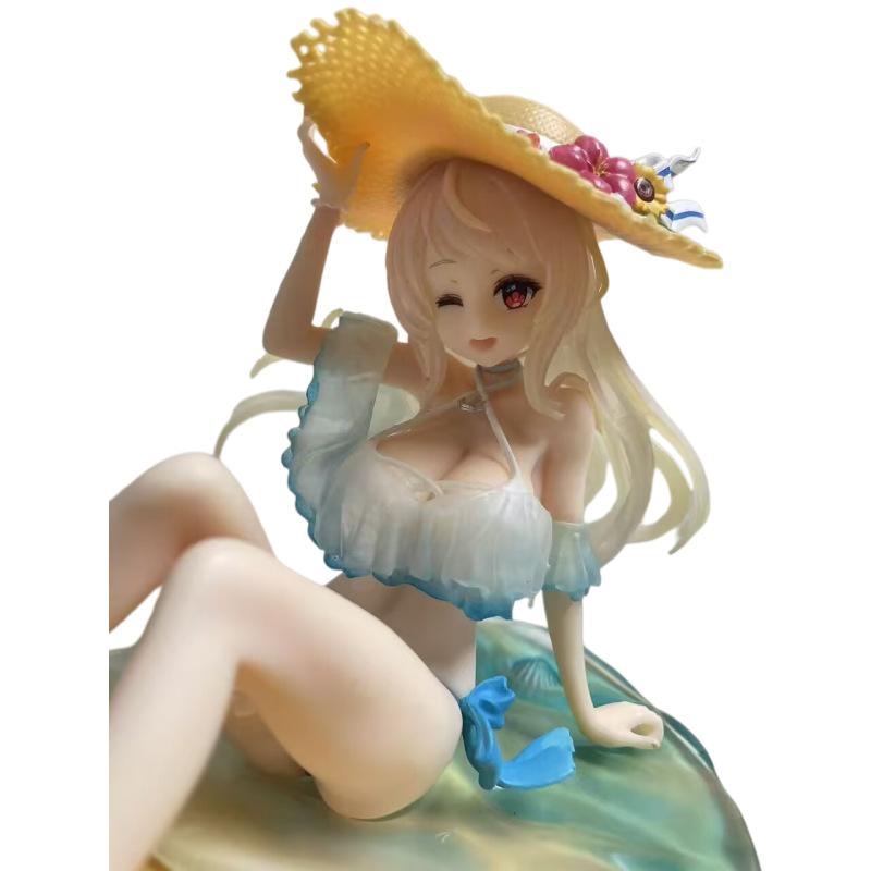 Anime Straw Hat Girl Figure 15cm PVC Beach Sitting Pose Statue With Mini Companion Desktop Decor For Anime Game Otaku Collection