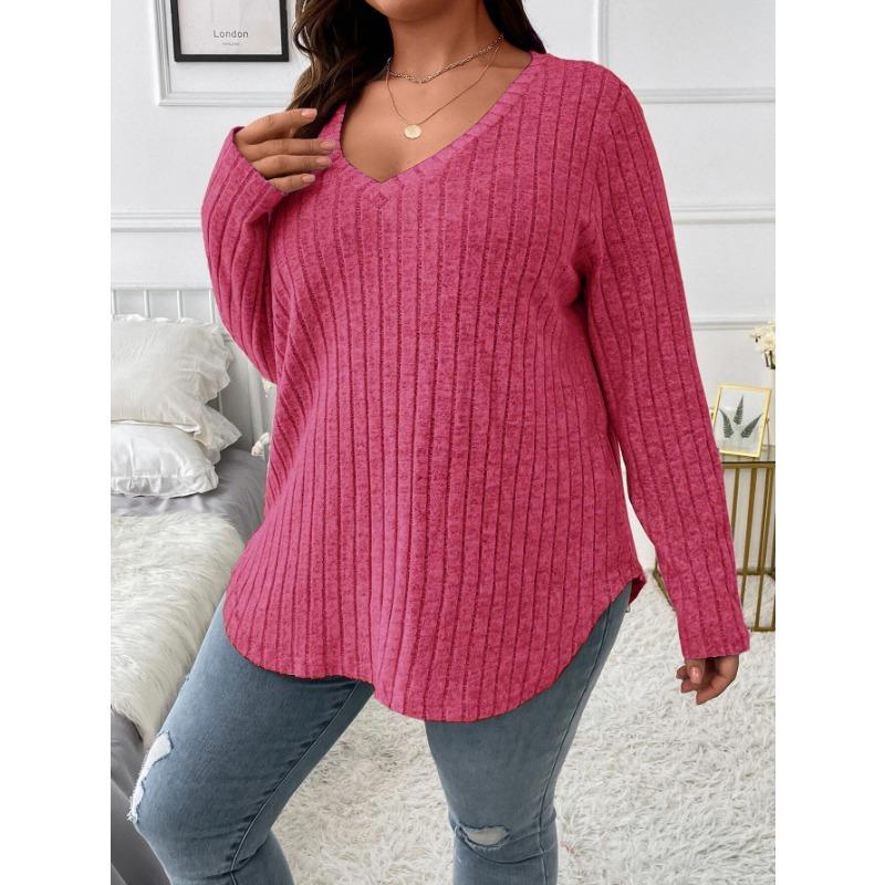 Осень-зима, свободные женские пуловеры с длинными рукавами, однотонные топы больших размеров, одежда больших размеров, вязаная футболка с v-образным вырезом