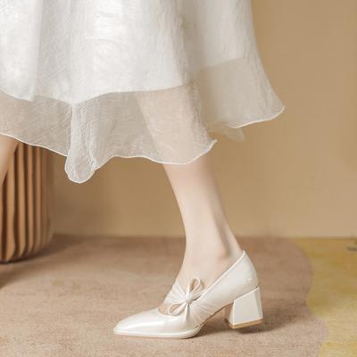 Туфли Мэри Джейн весна и лето новые квадратный носок толстый каблук бант туфли на высоком каблуке женские лакированная кожа с открытой союзкой одинарные туфли женские