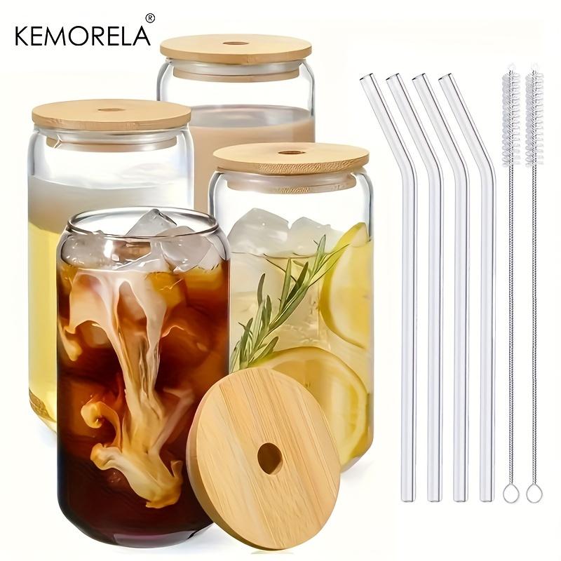 KEMORELA Набор из 1/4 Стеклянный стакан с крышкой и без крышки, с трубочкой, прозрачный стакан для бабл-ти, стеклянная банка для пива, кружка для мокко, посуда для напитков