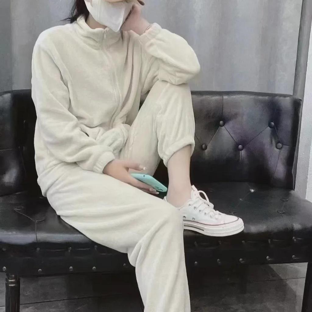 Женский пижамный комплект из кораллового флиса на молнии — плотный, теплый, спортивная куртка и брюки на осень/зиму