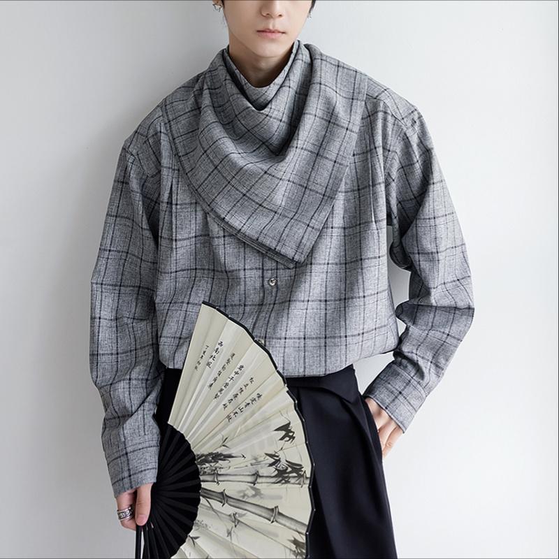 INCERUN Men Stand Collar with Adjustable Scarf Long Sleeve Plaid Loose Oversized Tops Shirts