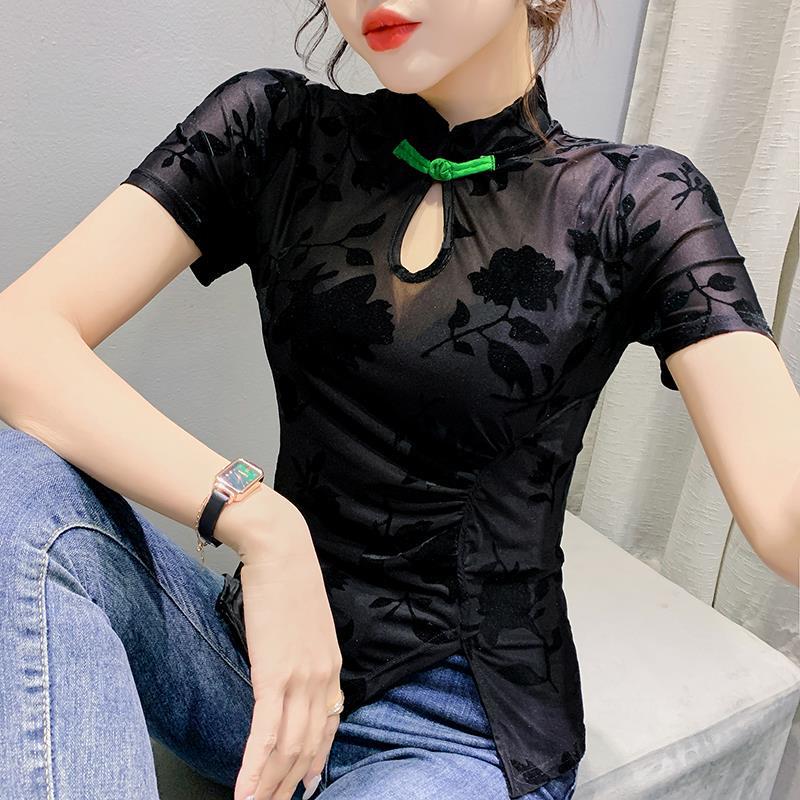 2022 Лето Сексуальная сетчатая блузка в китайском стиле ретро с застежкой-пуговицей-лягушкой