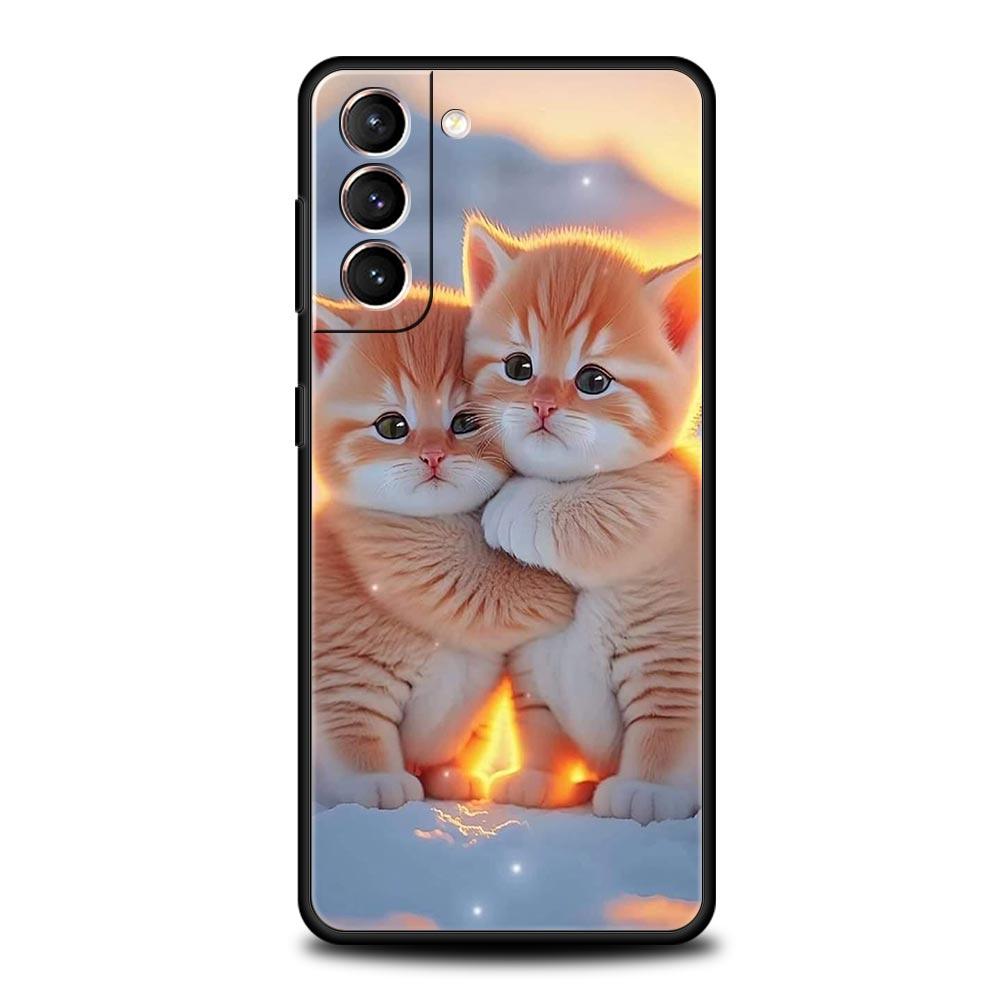 Чехол для телефона 'Целующийся кот' Милый котенок Для Samsung Galaxy S25 S24 S23 FE S22 Ultra S20 S21 5G S10 Plus S10E Мягкая черная крышка