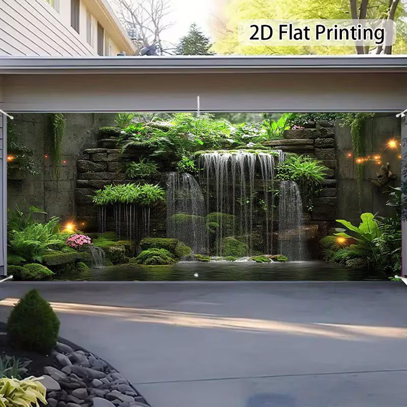 2D Mossy Rock Waterfall Garage Door Cover for Nature & Garden-Inspired Events