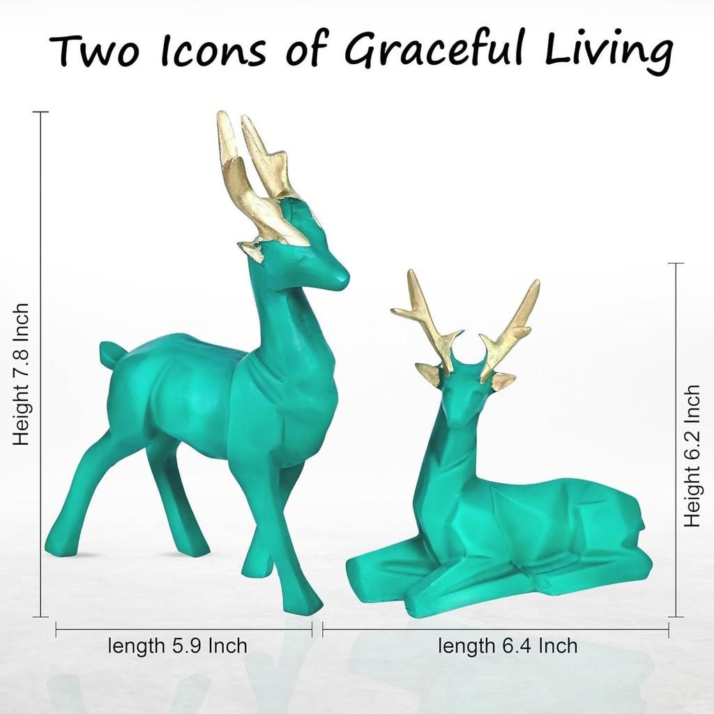 Set of 2 Deer Resin Showpieces Hiran Statues for Home and Office Décor, Nature-Art Pieces, Ideal Gift for Nature Lovers, Family, and Friends (Green)