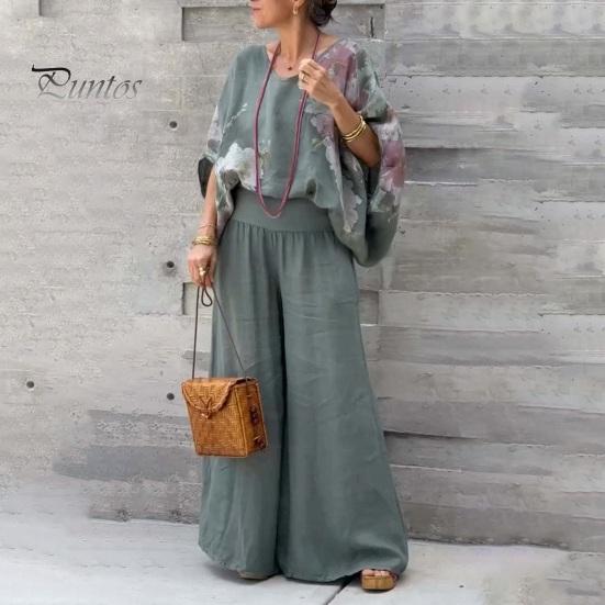 2 Pcs/Set Blouse Pants Suit V Neck Bat Sleeves Baggy Loose Flower Printing Top Wide Leg Elastic Waist Pants Casual Daily Outfit Commuting Travel