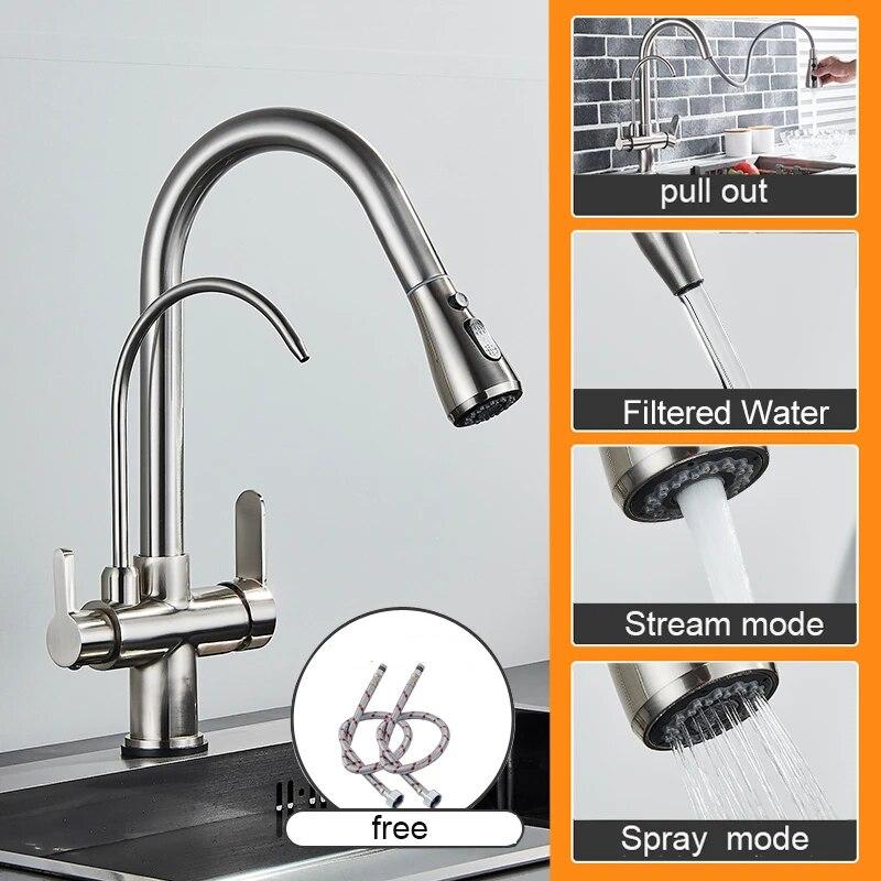 Matte Black Pure Water Kitchen Faucet Dual Handle Hot and Cold Drinking Water Pull Out Kitchen Mixer Taps