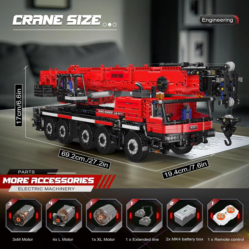 Mould King 17074 Technik LTM 1110 Crane Building Blocks APP Remote Control Engineering Car 8 MOC Crane Building Blocks Suitable for Kids and Kit,