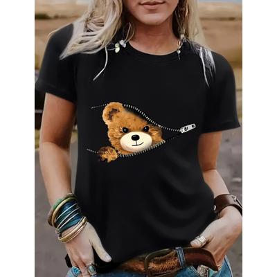 Свободная футболка с коротким рукавом и круглым вырезом с принтом «Медведь на молнии» для женщин