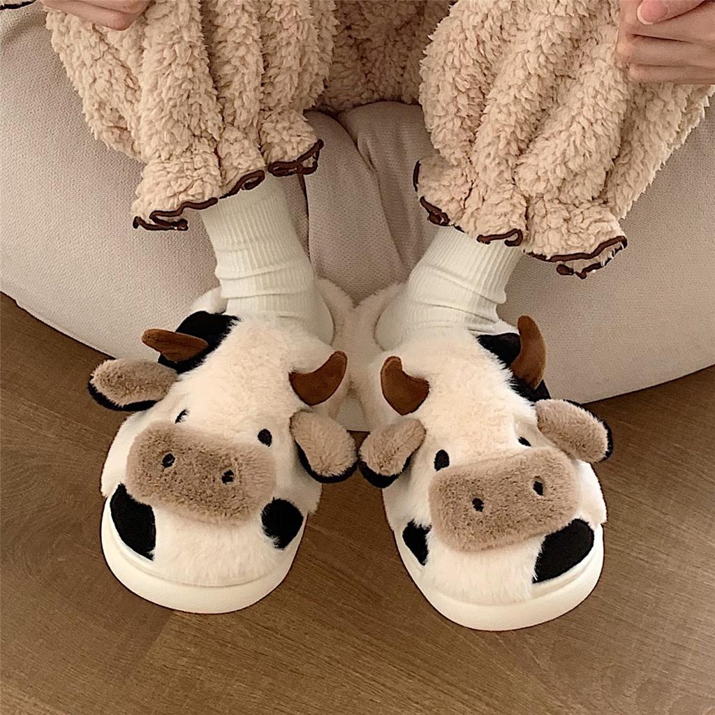 Cute Animal Slipper For Women Men Fashion Kawaii Fluffy Winter Warm Slipper Couples Cartoon Milk Cow House Slides Funny Shoes
