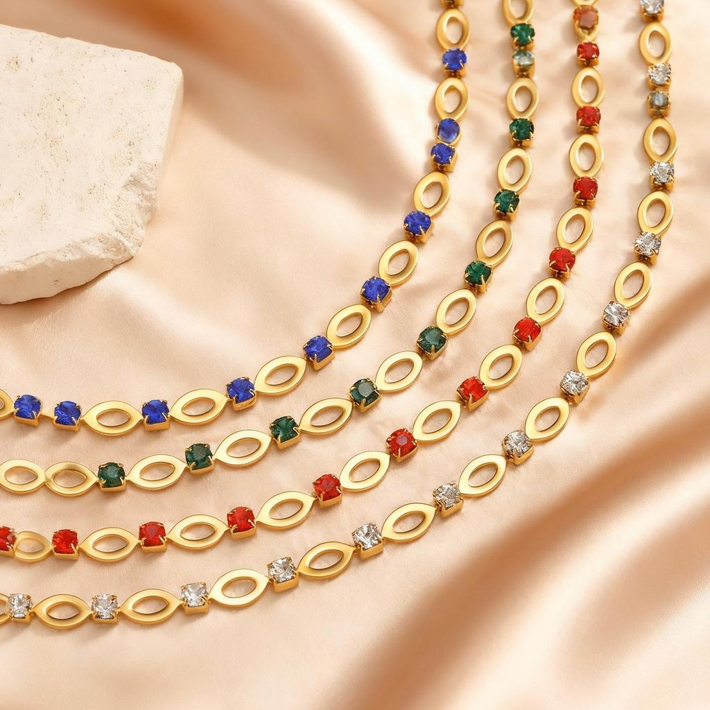 Stainless Steel Hollow Oval Chain Necklace for Women, Blue/Green/Red Zircon Adjustable Chain Bohemian Statement Jewelry Gifts
