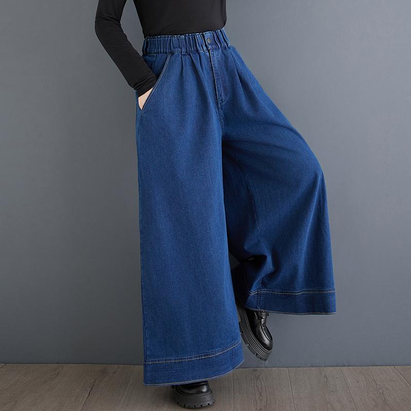 DIMANAF 2025 Женские джинсы больших размеров Весенние брюки гаремы Повседневные эластичные синие длинные брюки с высокой талией и широкими штанинами