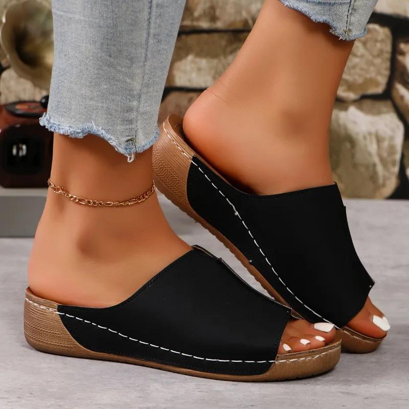 Fashion Women's Slippers 2024 Hot Sale Ladies Shoes Plus Size Sewing Daily Slippers Women New Round Toe Wedge Sandals Zapatos De Mujer