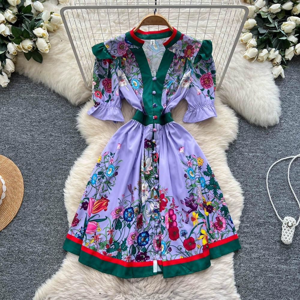 Летние женские платья с винтажным принтом, подиумные, с V-образным вырезом, на одной пуговице, мини, короткое, для вечеринки