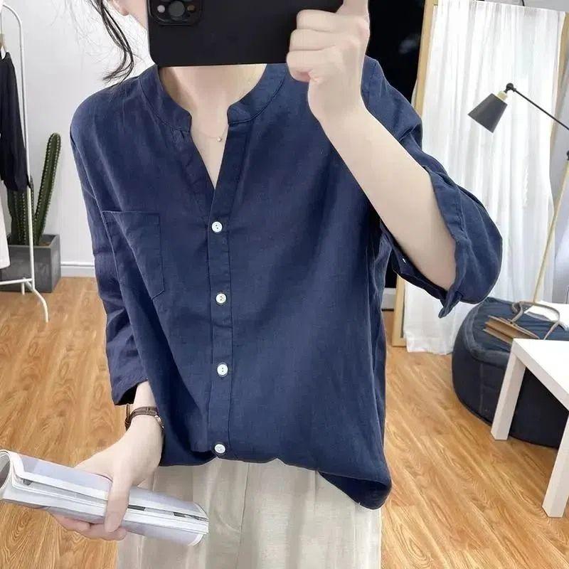 Летняя льняная рубашка свободного покроя с V-образным вырезом и короткими рукавами, женская рубашка в стиле ретро из темно-синего хлопка и льна, утягивающая рубашка с короткими рукавами из дышащей ткани