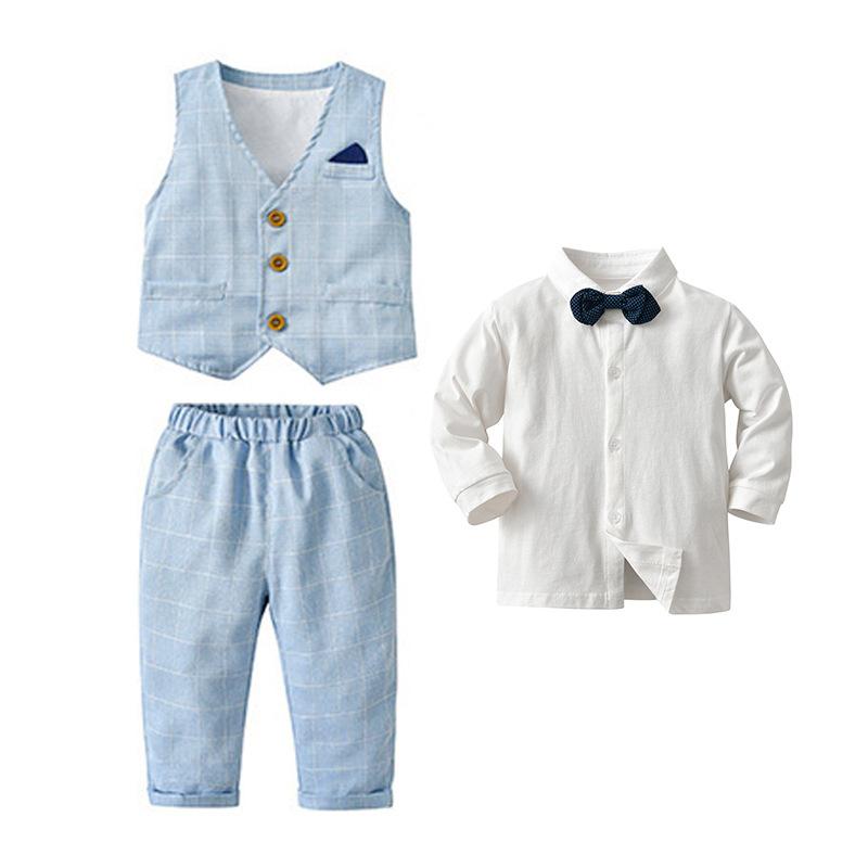 Одежда для джентльменов для маленьких мальчиков, рубашка для вечеринки по случаю дня рождения, топ с галстуком-бабочкой, жилет, брюки, костюм