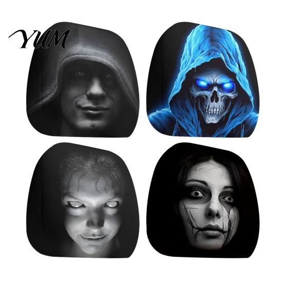Soft Skin Friendly Car Seat Covers 2PCS Headrest Cover with Scary Face Printing, Breathable Stretch Knitted Interior Decoration for Vehicles