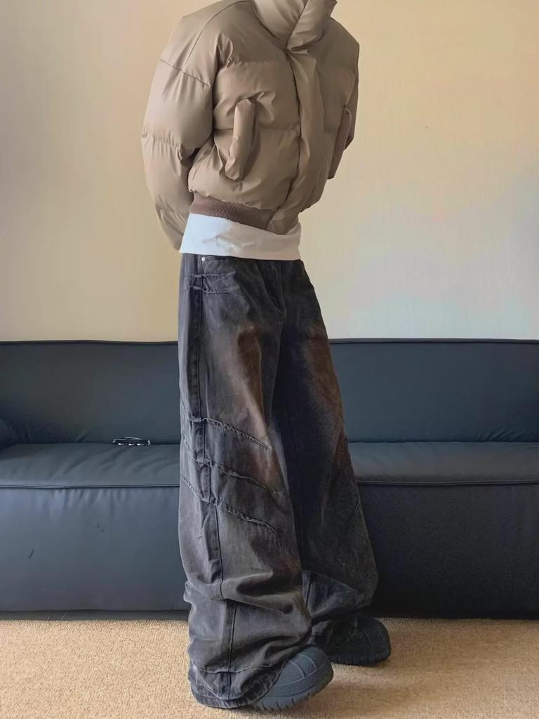 Унисекс американские ретро-рваные джинсы Heavyweight Wasteland: Плиссированные, прямые, модные свободные брюки в стиле хип-хоп с широкими штанинами