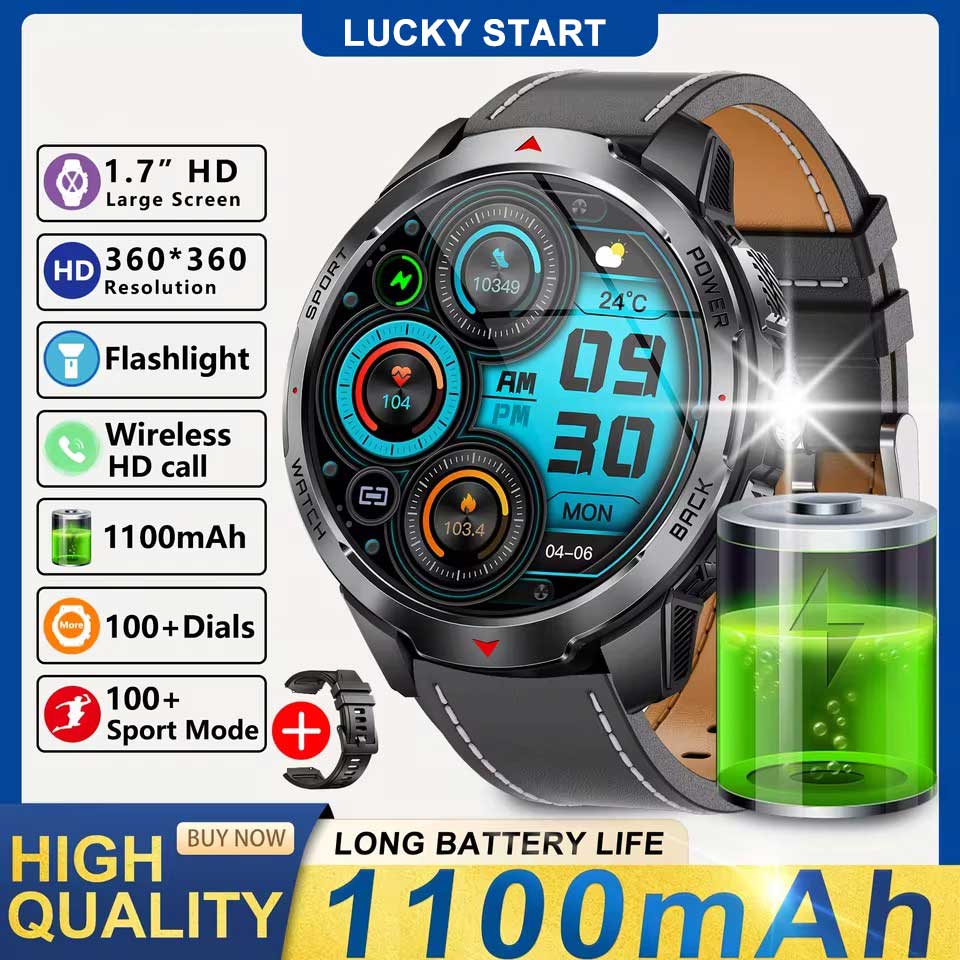 2025 Новые 1,7-дюймовые Смарт-часы для мужчин Аккумулятор высокой емкости 1100 мАч Светодиодный фонарик и Компас 3ATM и IP68 Звонок по Bluetooth Спортивные Смарт-часы