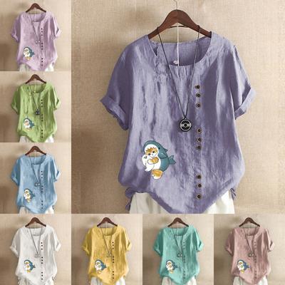 Женская модная футболка с круглым вырезом и коротким рукавом, повседневная хлопковая льняная рубашка с рисунком, свободная летняя блузка с принтом Love Shark Cat, топы