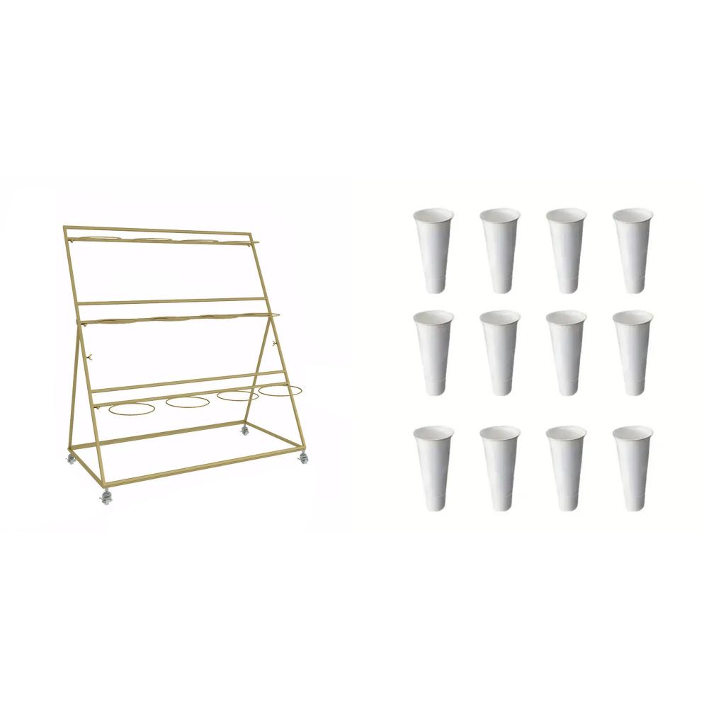 Стойка для демонстрации цветов 3-ярусная металлическая подставка для растений на колесах с ножным тормозом 12 шт. Конические белые пластиковые цветочные горшки