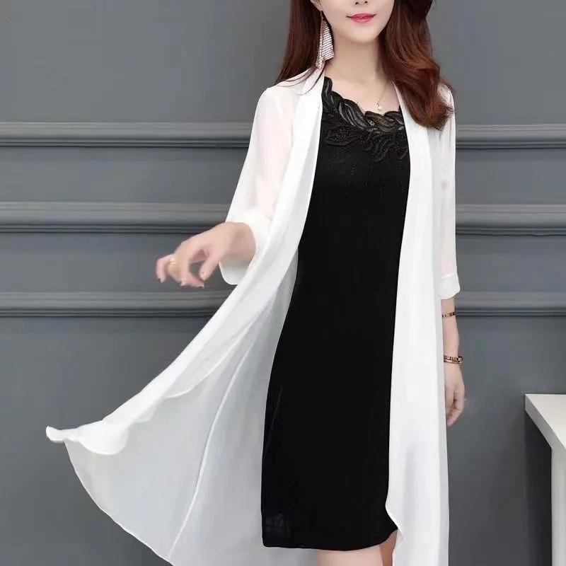 Женская летняя однотонная куртка средней длины, простая тонкая, с рукавом пять минут, рубашка для поездок на работу от солнца